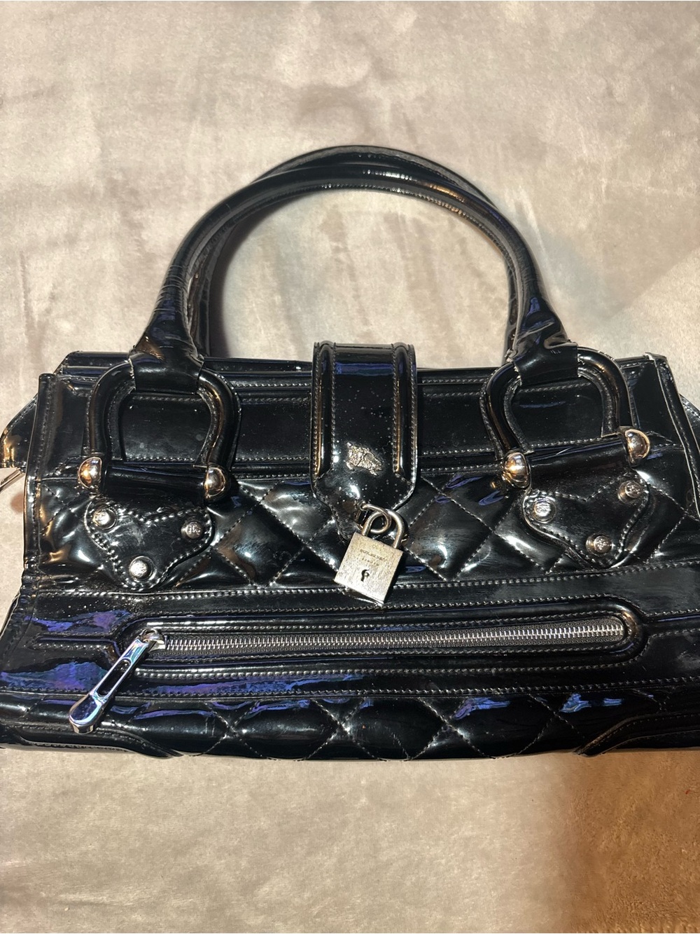 Burberry Black Patent Leather Quilted Satchel Lock Shoulder Bag